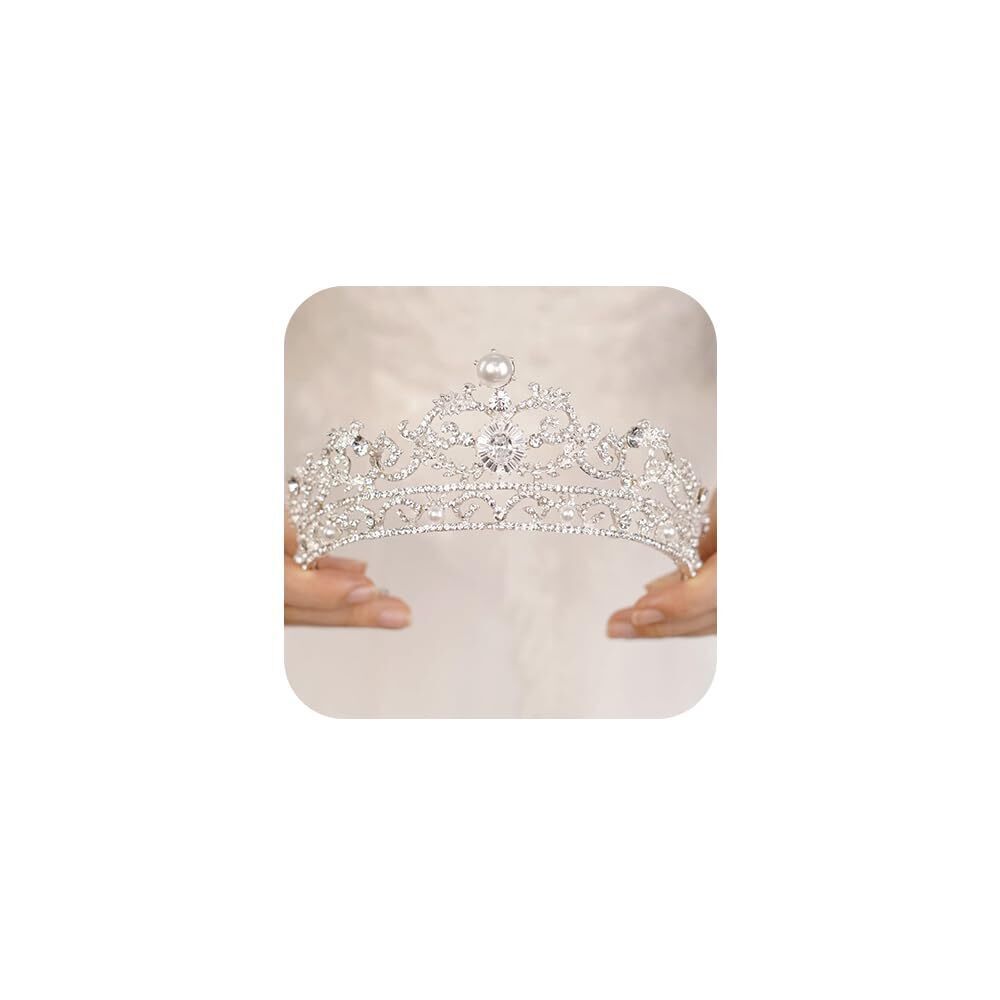 5506 Silver Crystal Pearl Tiara Crowns Elegant Princess Crown Tiaras